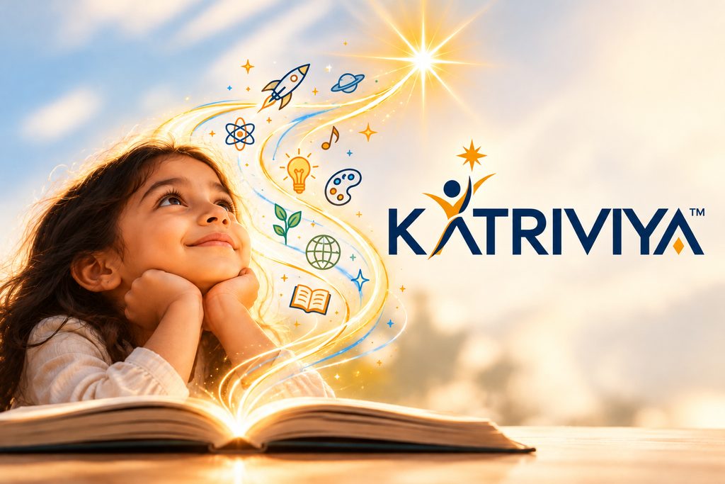 Katriviya. A girl looks up from an open book as a ribbon of light carries a rocket, a light bulb, a paint palette and a globe up to a bright star.