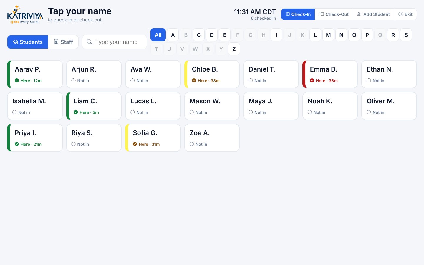 The Katriviya check-in kiosk on a laptop: a grid of student name tiles; students who are here have a green, yellow or red edge showing how long they have been in.